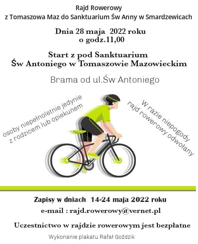 Zapraszamy do udziału w rajdzie rowerowym z Tomaszowa Mazowieckiego do Sanktuarium św. Anny w Smardzewicach, który odbędzie się 28 maja o godz. 11.00. 